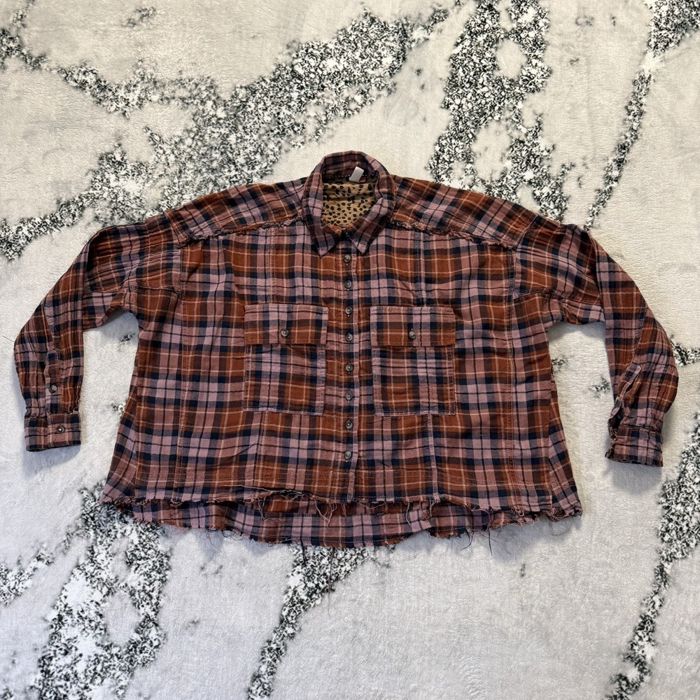 Anthropologie Pilcro Plaid Shirt XS Leopard Lined Oversized Grunge